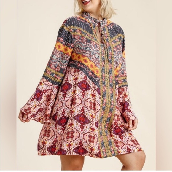 Umgee Mixed Paisley Bell Sleeve Boho Style Dress LARGE - Picture 2 of 12